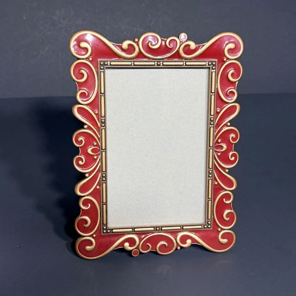 Vtg Style Rose Red/ Gold Enamel Ornate Scroll 4x6 Tabletop Picture Frame Baroque